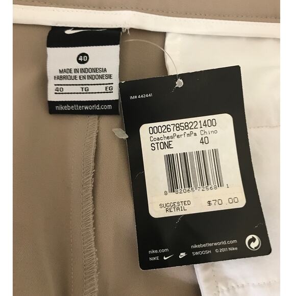 Nike Mens Tan Coaches Performance Chino Pants Size 40 Unhemmed - Picture 7 of 12